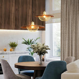 Modern Wooden Dome Wire Cage Dining Room Pendant Light Image - 5