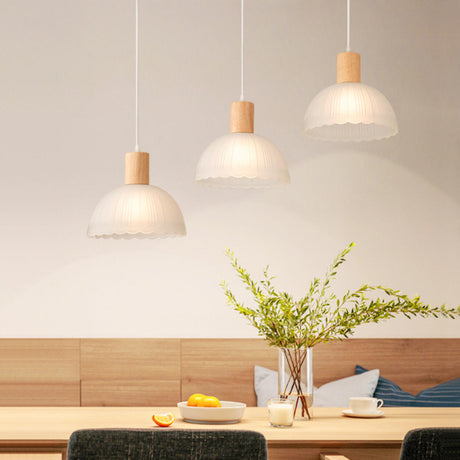 Modern Wooden Frosted Glass Dome Pendant Light Image - 1