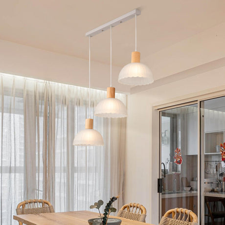 Modern Wooden Frosted Glass Dome Pendant Light Image - 2