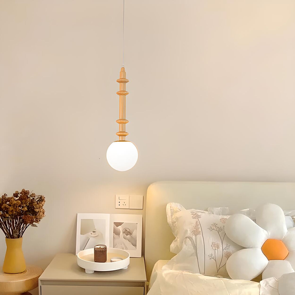 Modern Wooden Medium White Glass Ball Pendant Light Image - 1