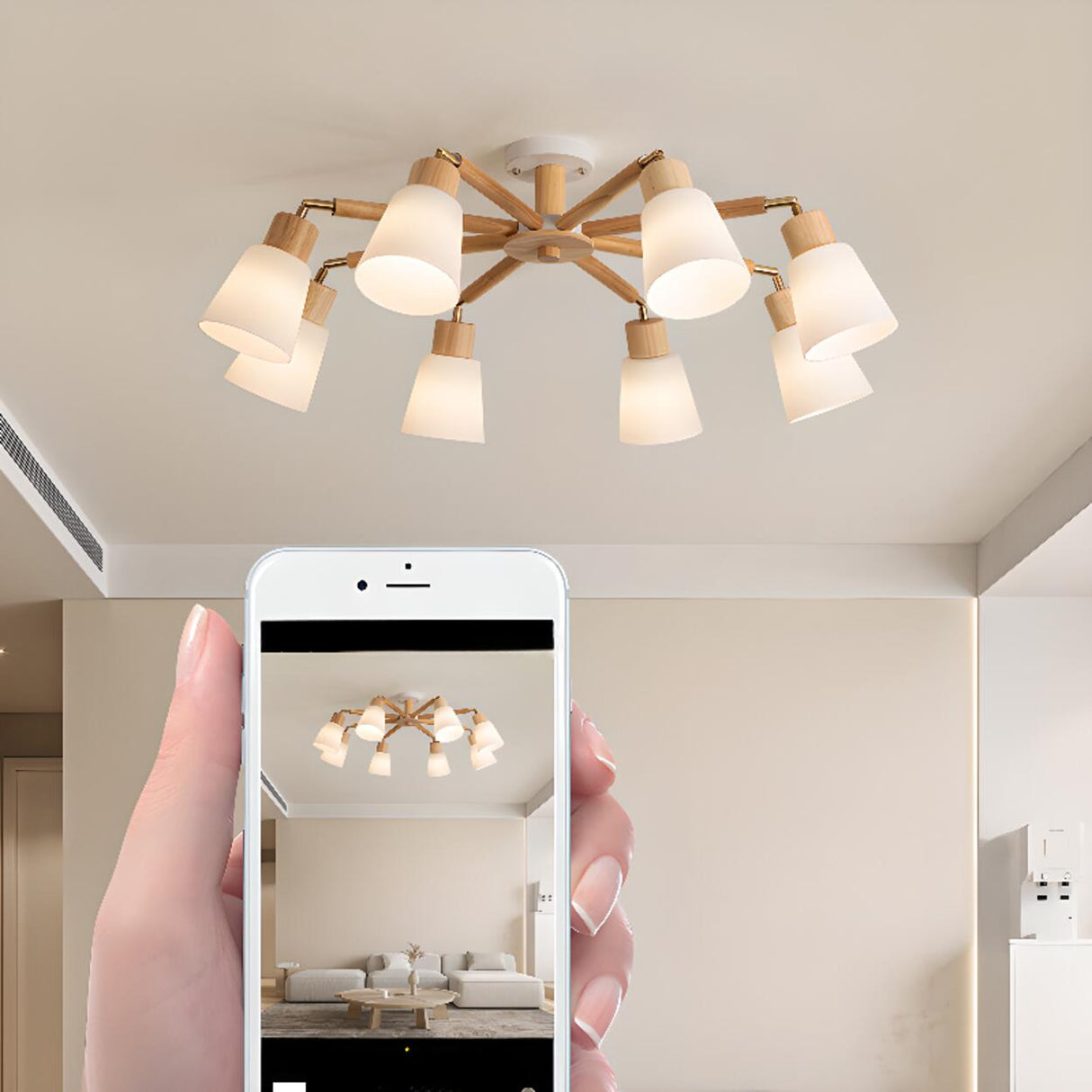 Modern Wooden Semi-Flush Mount Ceiling Light 8 Lights Image - 13