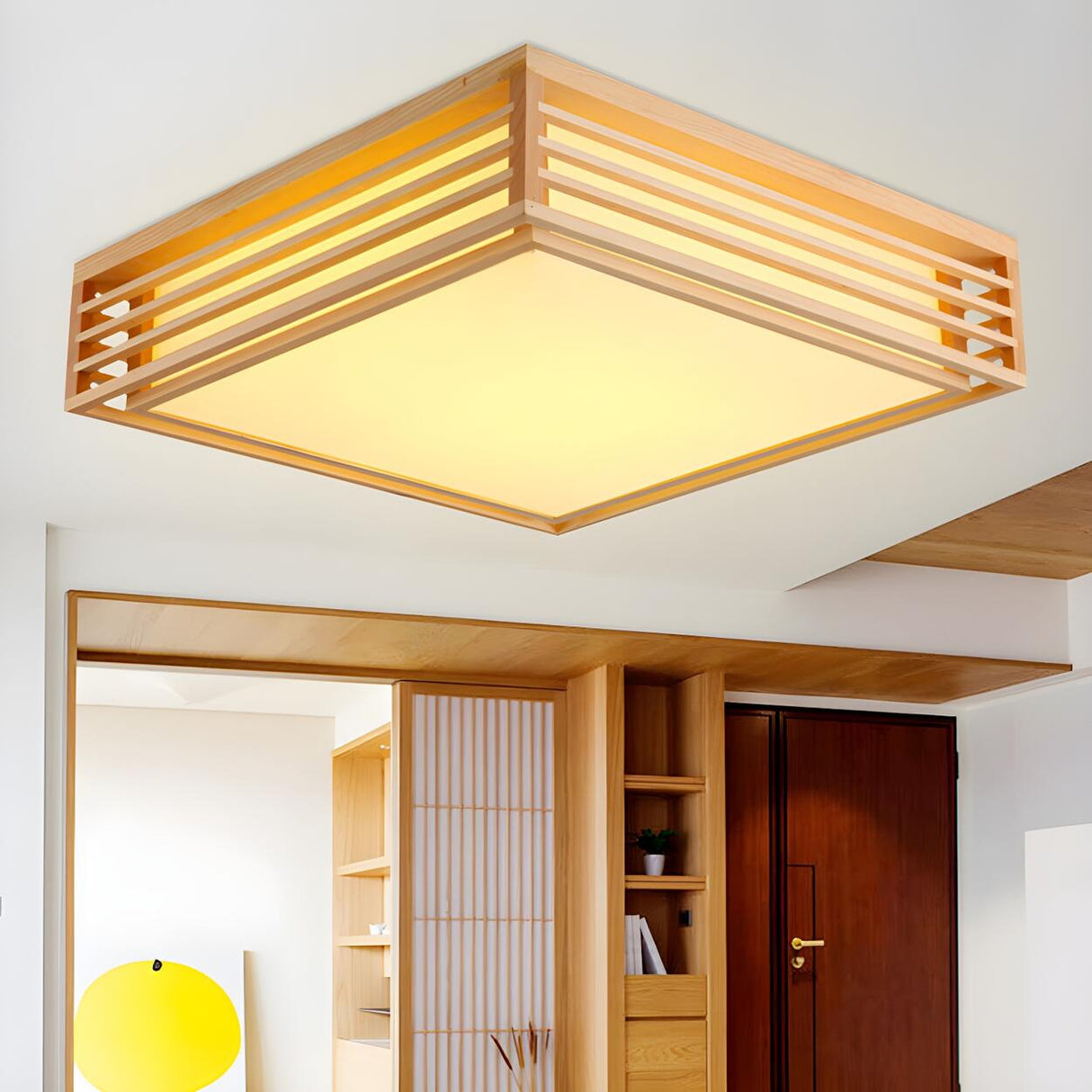 Modern Wooden Square LED Flush Mount Ceiling Light Image - 5