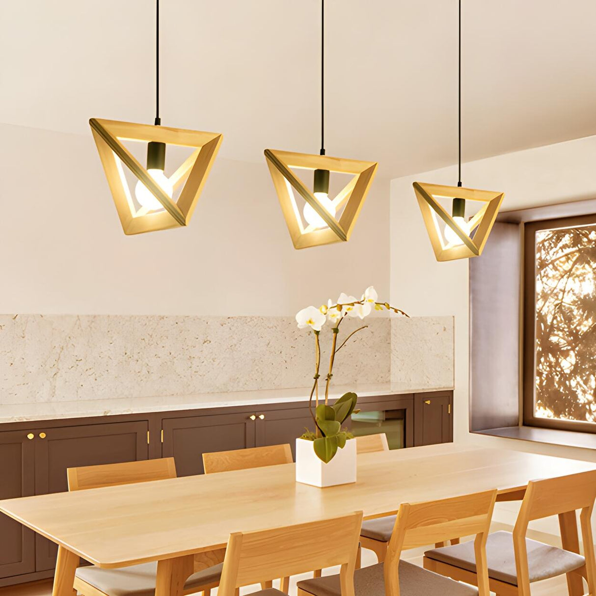 Modern Wooden Triangle Frame Dining Room Pendant Light Image - 3