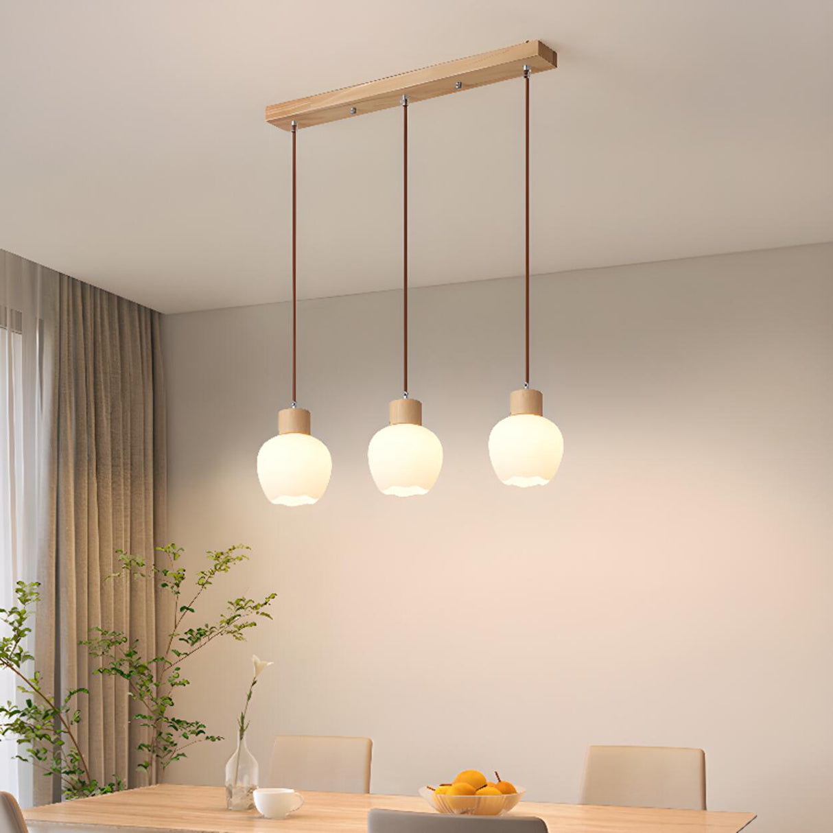 Modern Wooden Triple Milk Glass Ball Pendant Light Image - 1