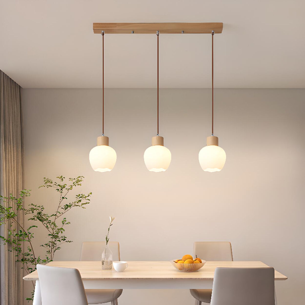 Modern Wooden Triple Milk Glass Ball Pendant Light Image - 4