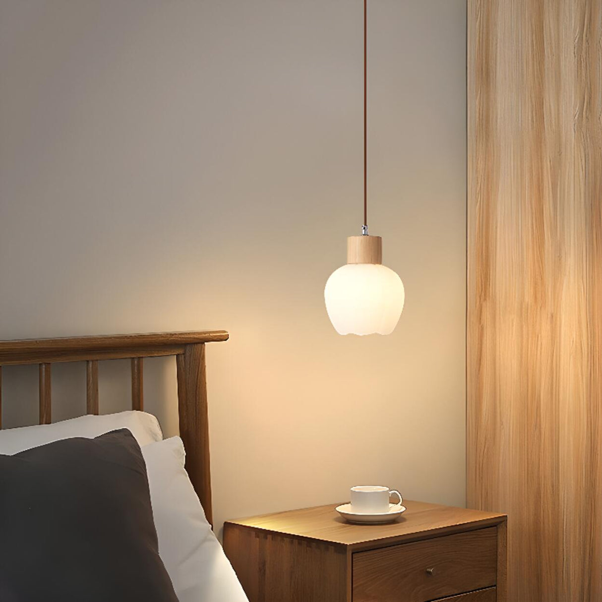 Modern Wooden Triple Milk Glass Ball Pendant Light Image - 5