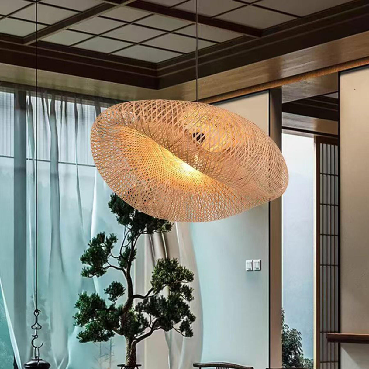 Modern Woven Bamboo Geometric Artistic Twist Pendant Light Image - 15