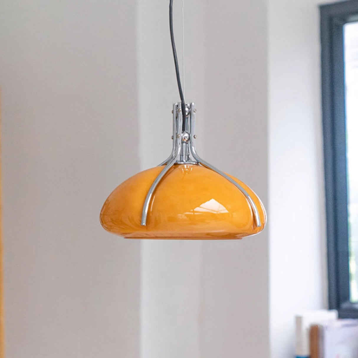 Modern Yellow Casual Metal White Glass Dome Pendant Light Image - 2