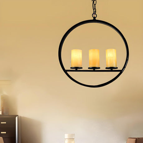 Modern Yellow Cylinder Black Metal Ring Pendant Chandelier Image - 1