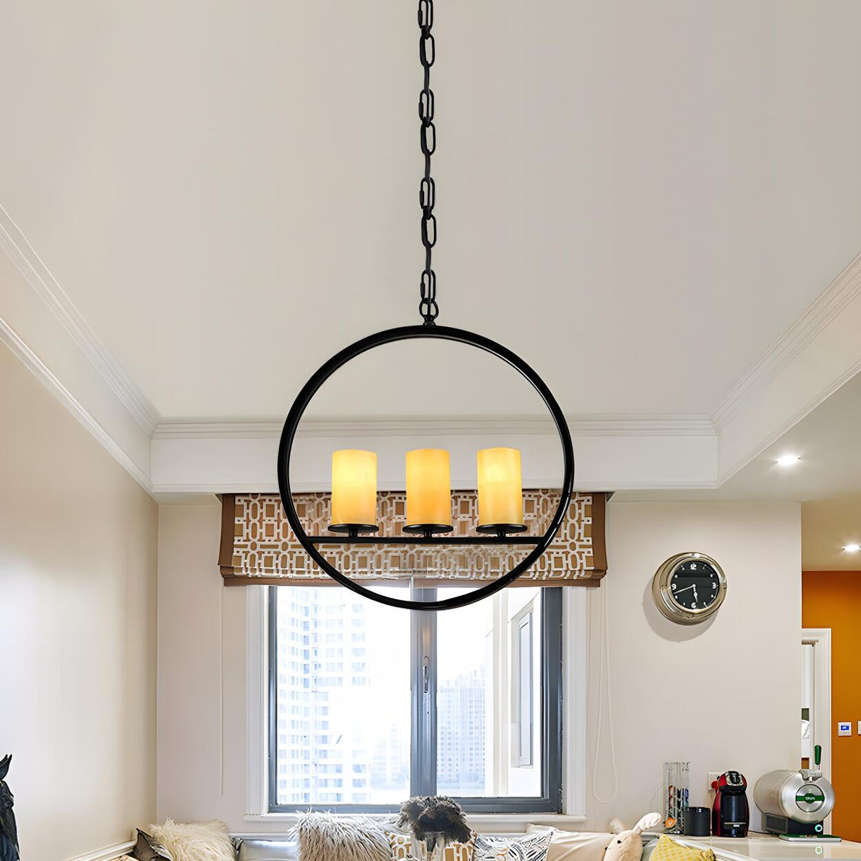 Modern Yellow Cylinder Black Metal Ring Pendant Chandelier Image - 2