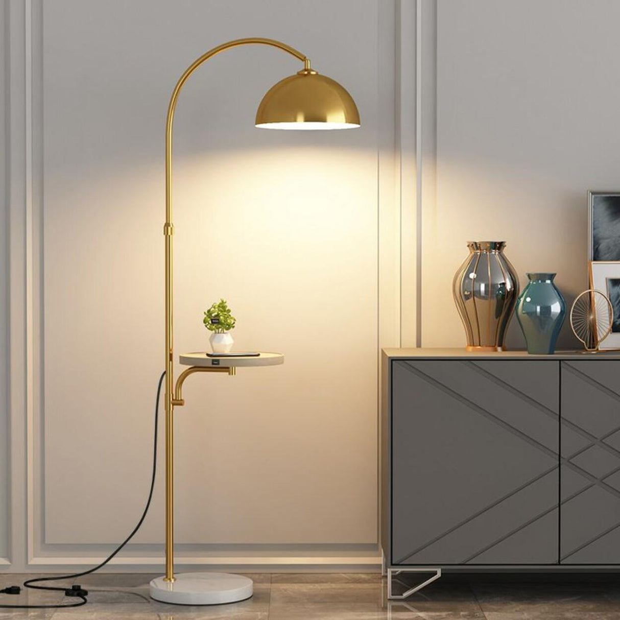 Modish Adjustable Gold Dome Arc Floor Lamp with Shelf Image - 3