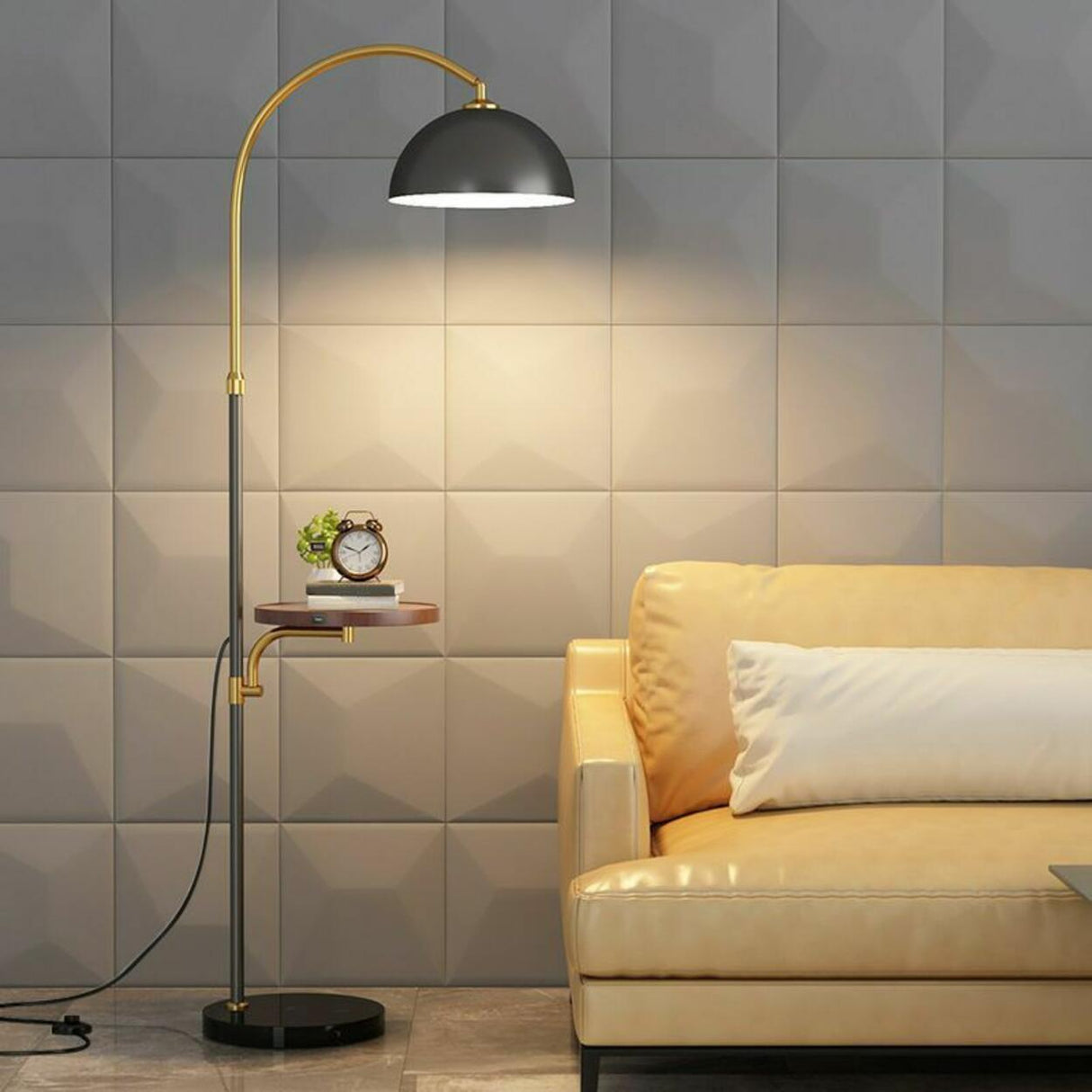 Modish Adjustable Gold Dome Arc Floor Lamp with Shelf Image - 4