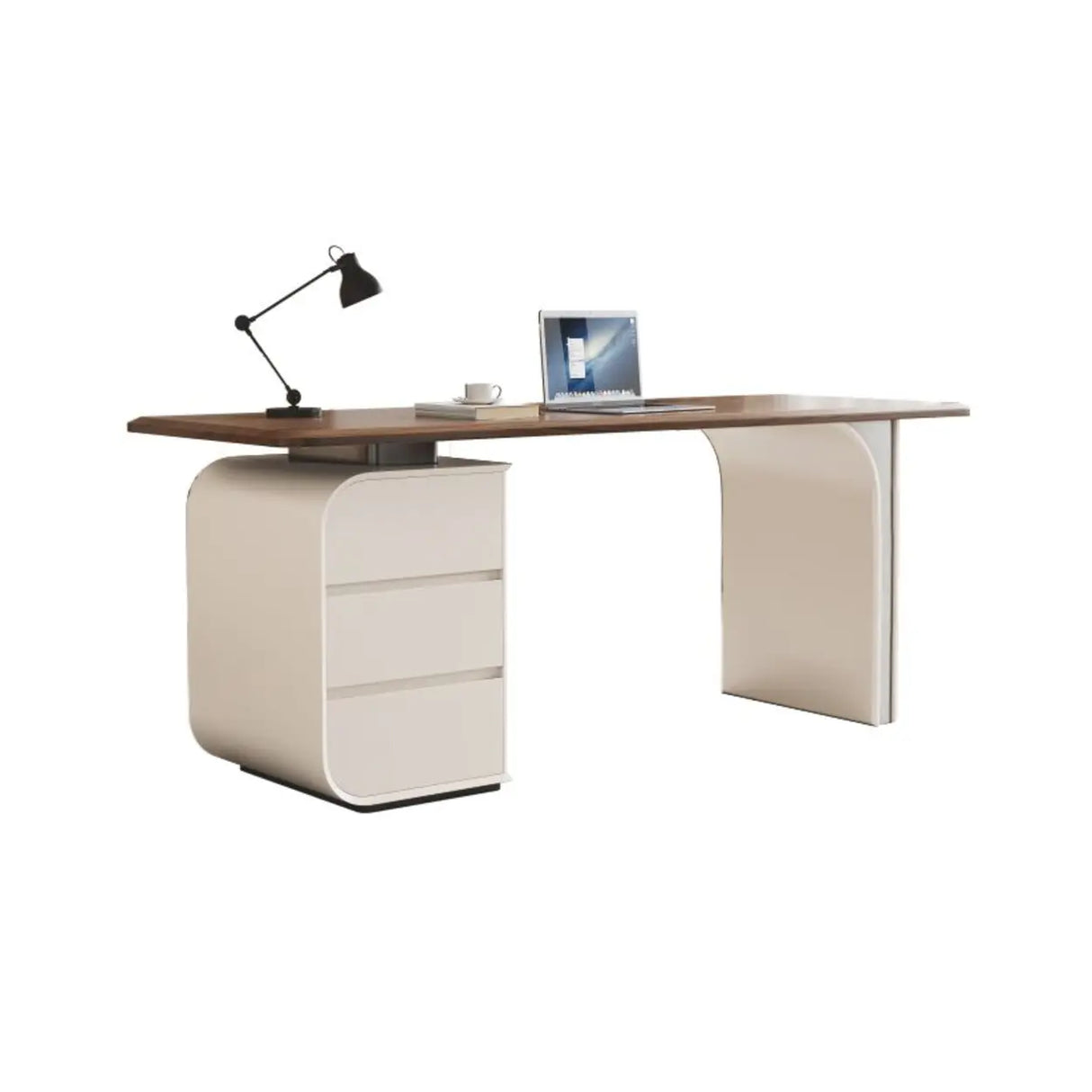 Modish Beige Brown Wood Drawers Rectangle Computer Desk Image - 2