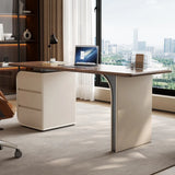 Modish Beige Brown Wood Drawers Rectangle Computer Desk Image - 4