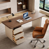 Modish Beige Brown Wood Drawers Rectangle Computer Desk Image - 5