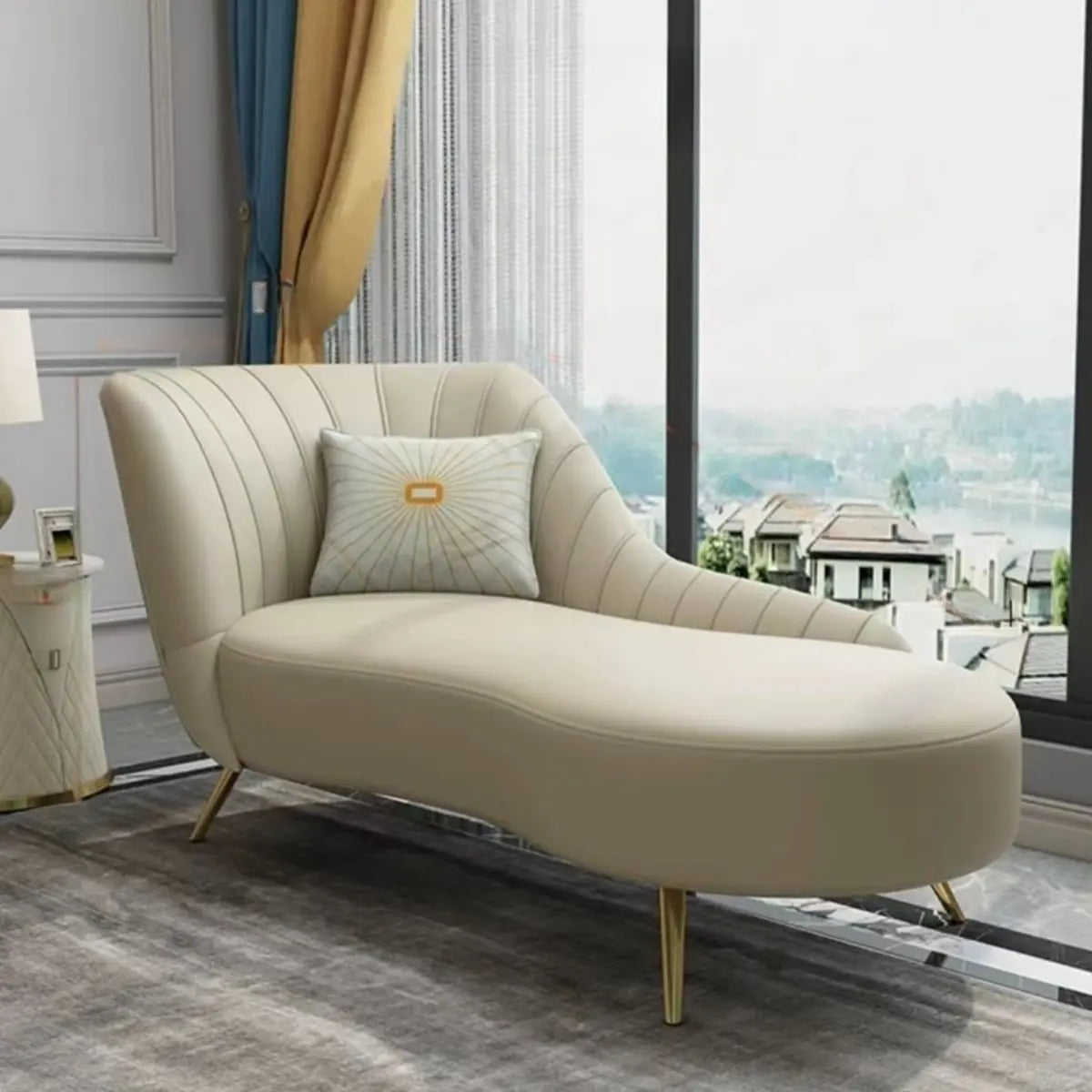 Modish Beige Curved Leather Chaise Lounge with Pillow Image - 3