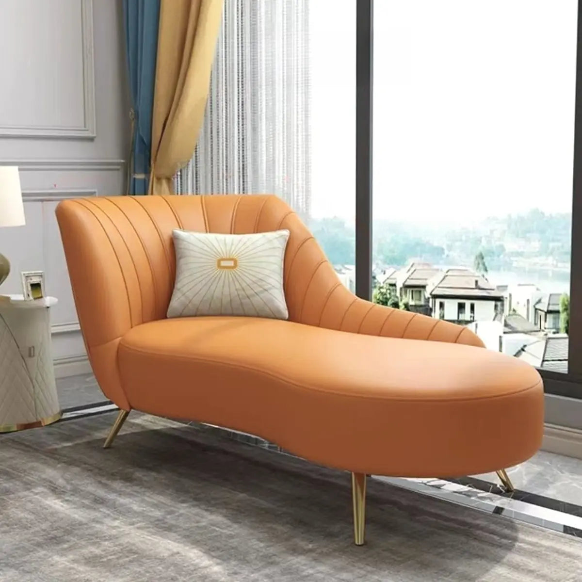 Modish Beige Curved Leather Chaise Lounge with Pillow Image - 6