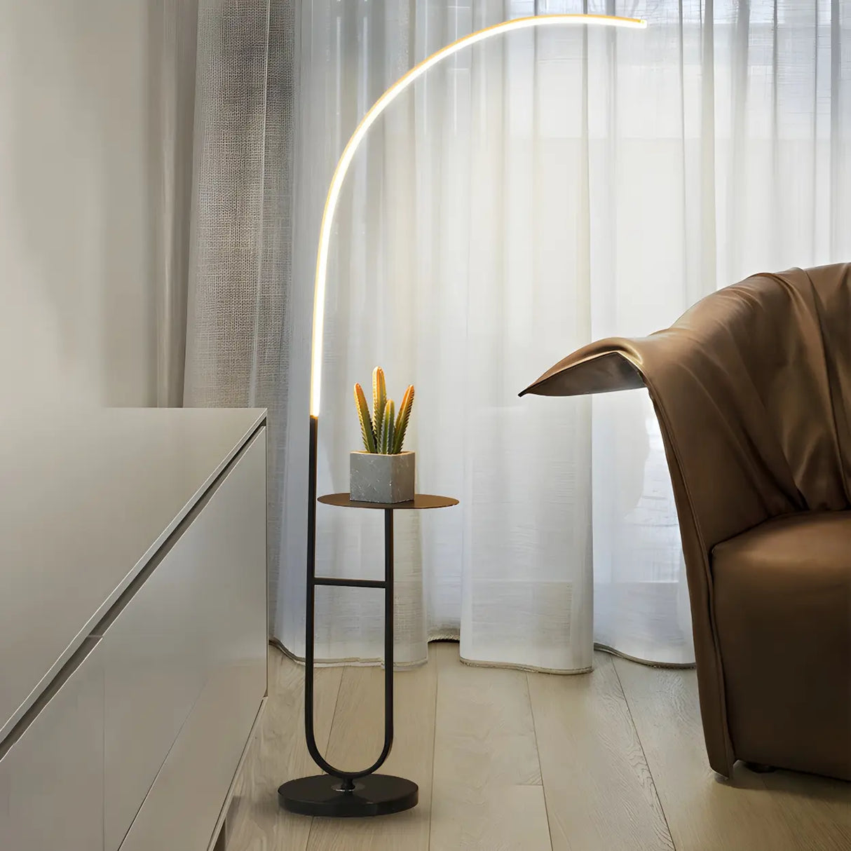 Modish Black Arc LED Floor Lamp with Side Table Image - 4