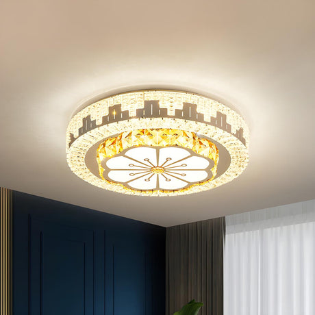 Modish Crystal Round Flower Chrome LED Flush Mount Lamp Image - 1