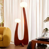 Modish Double Globe Brown Wooden Yoji Floor Lamp Image - 1