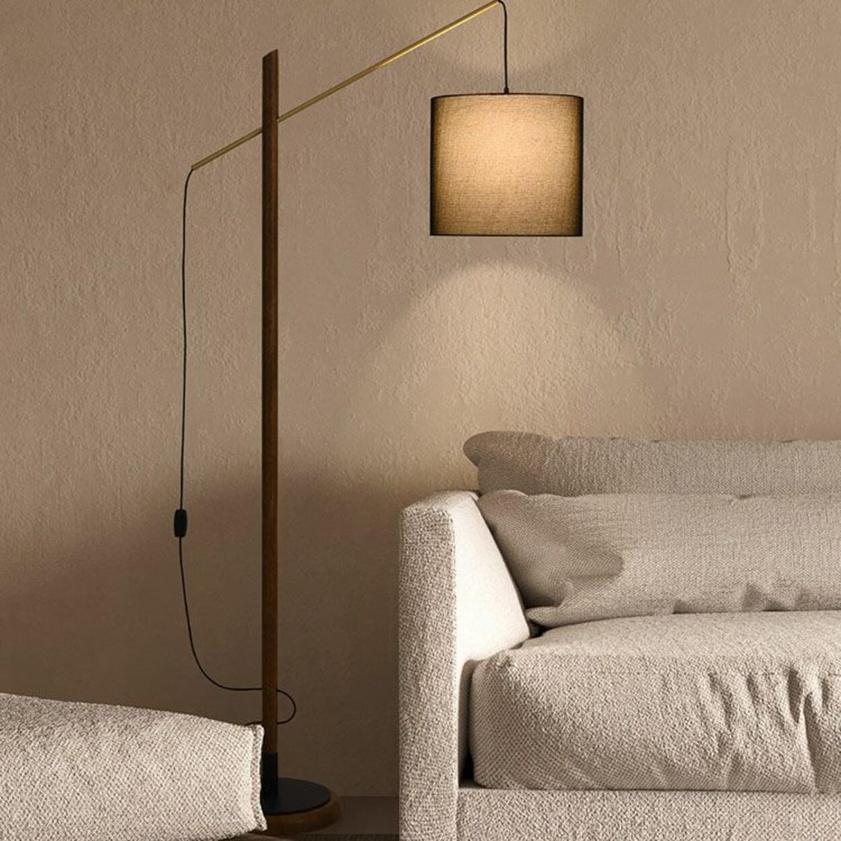 Modish Fabric Barrel and Wooden Arc LED Floor Lamp Image - 6