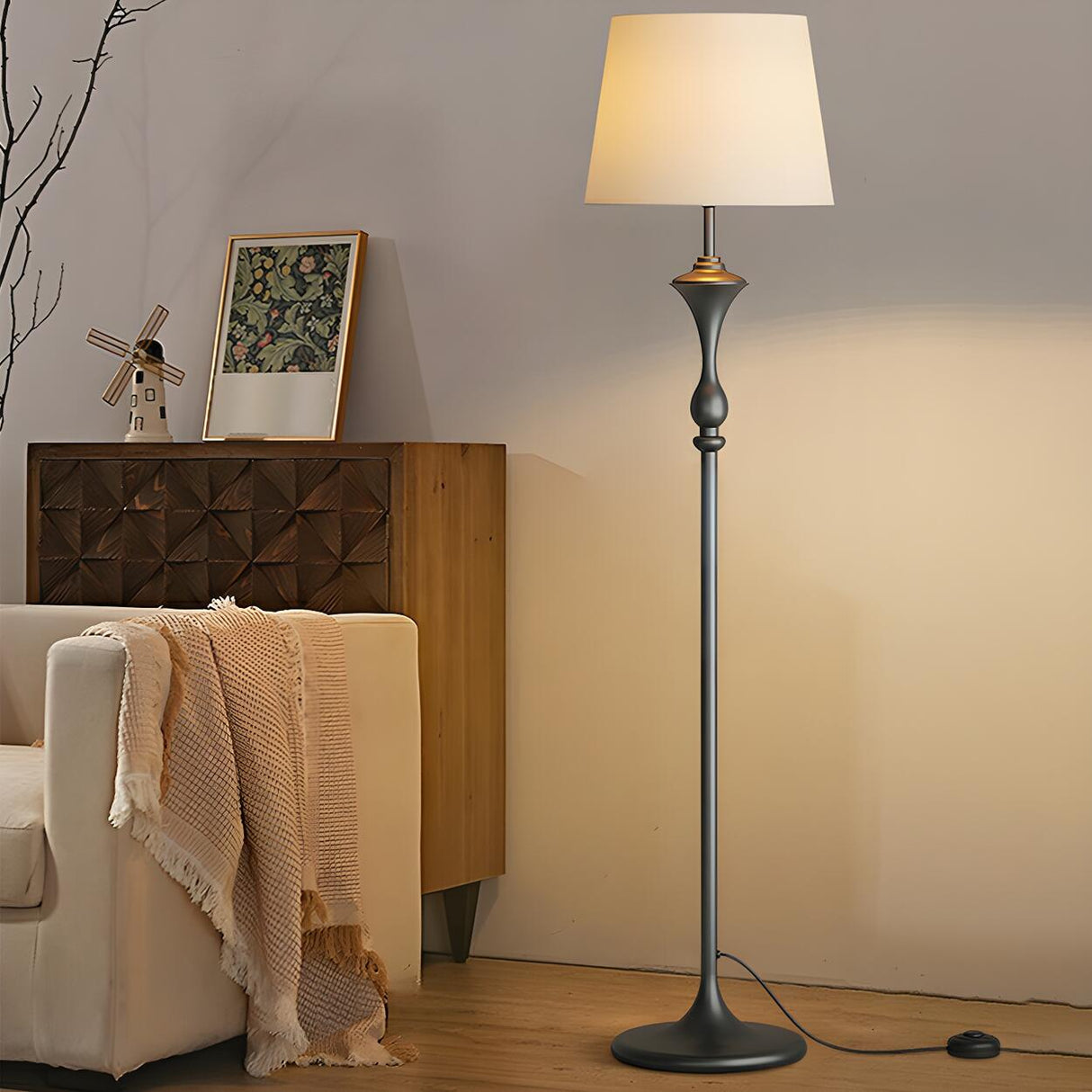 Modish Fabric Cylinder Floor Lamp with Side Table Image - 5