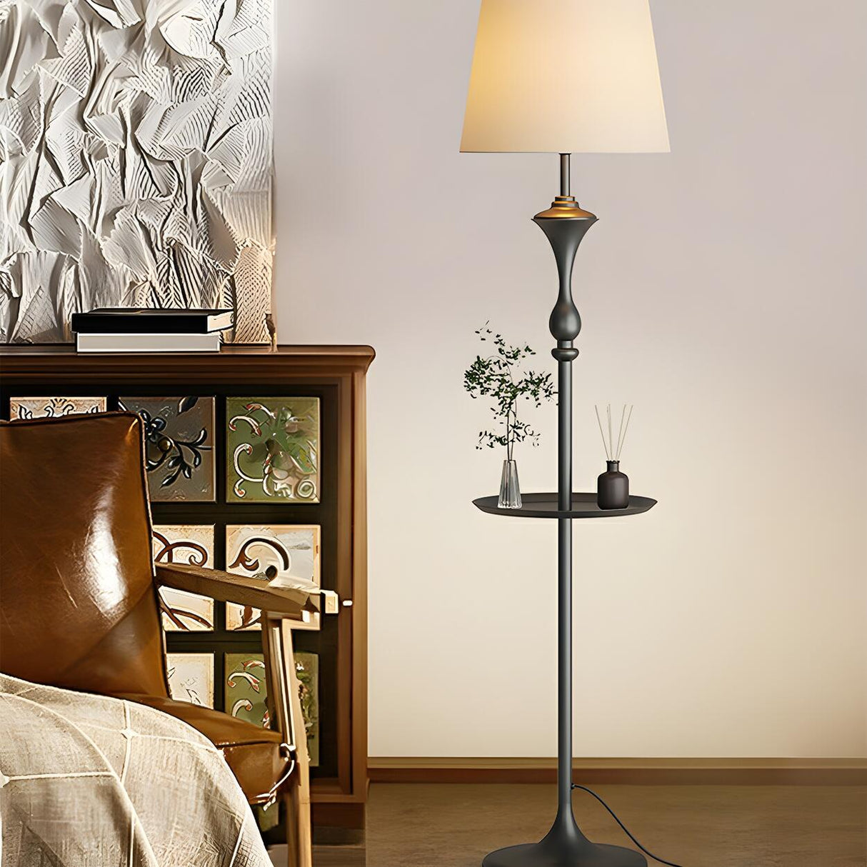 Modish Fabric Cylinder Floor Lamp with Side Table Image - 6