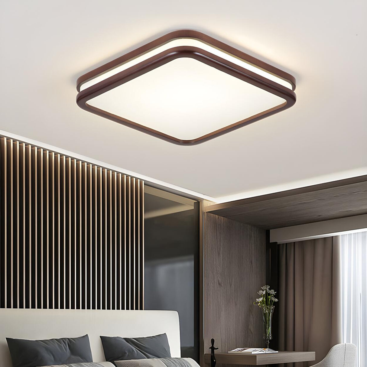 Modish Foyer Walnut Round Dimmable LED Flush Mount Lamp Image - 4