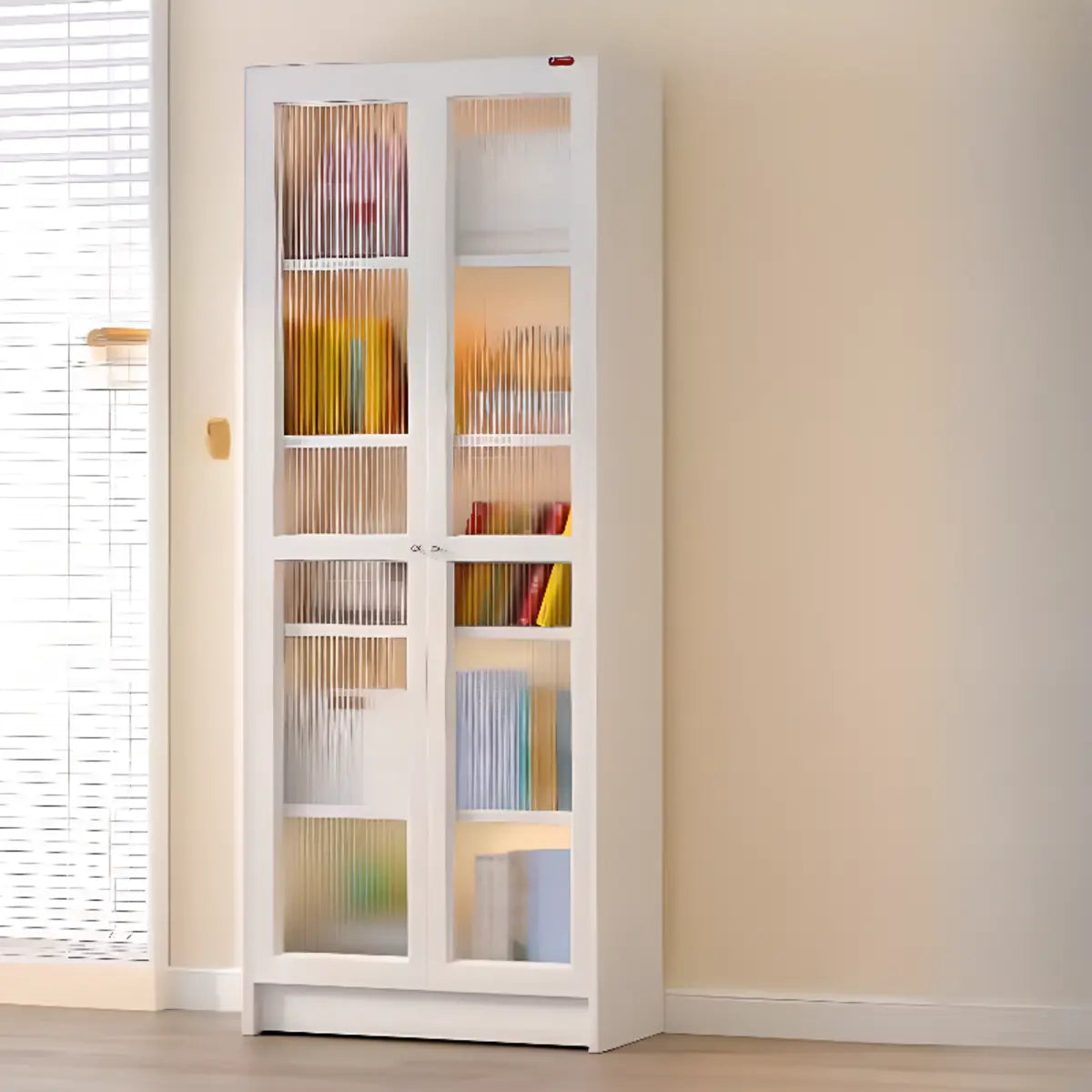 Modish French Glass Doors Vertical Steel Bookcases Image - 13