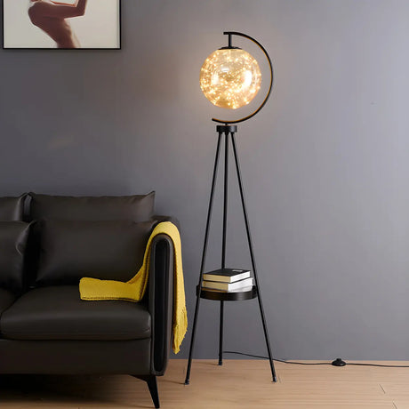 Modish Globe Black Metal Floor Lamp with Shelf Image - 1