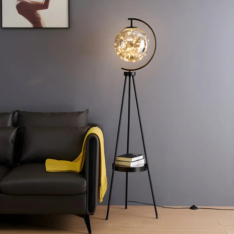 Modish Globe Black Metal Floor Lamp with Shelf Image - 2