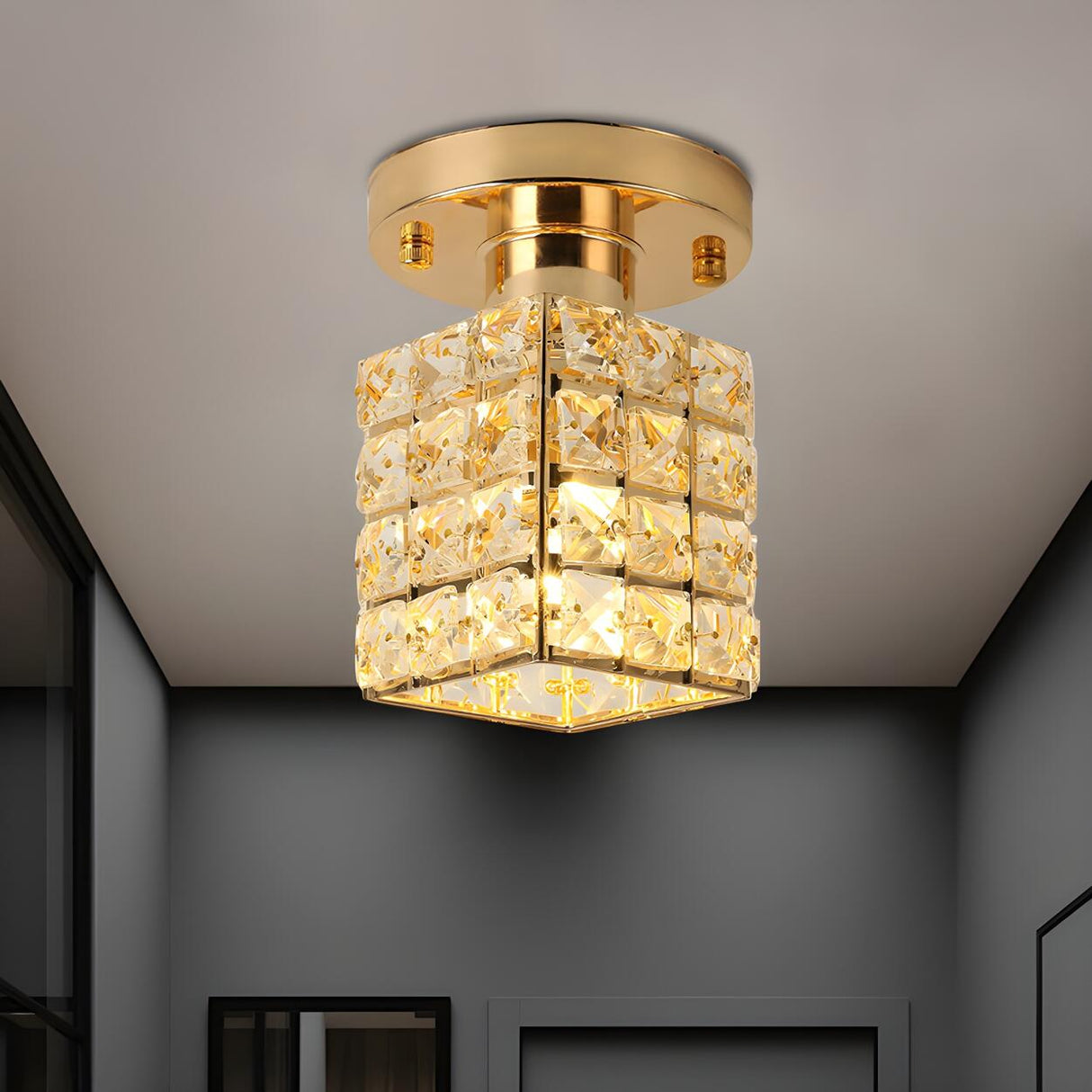 Modish Gold Crystal Block Semi-Flush Mount Ceiling Lamp Image - 1