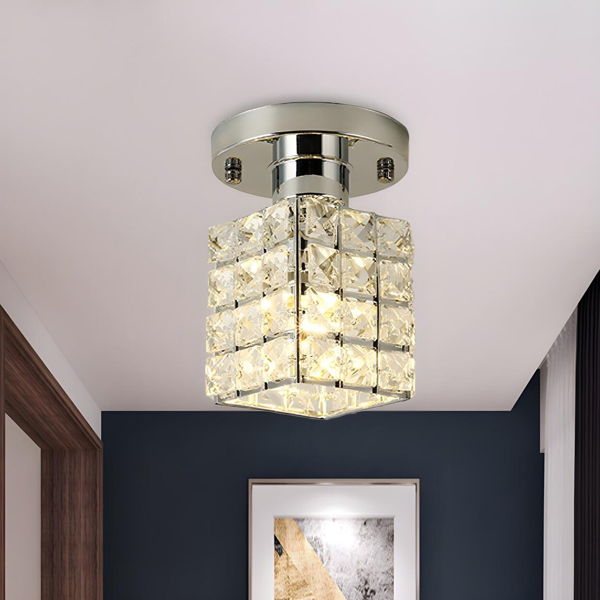 Modish Gold Crystal Block Semi-Flush Mount Ceiling Lamp Image - 8