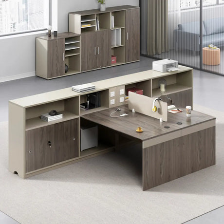 Modish L-Shape Wood Espresso Cabinet Office Furniture Set Image - 2