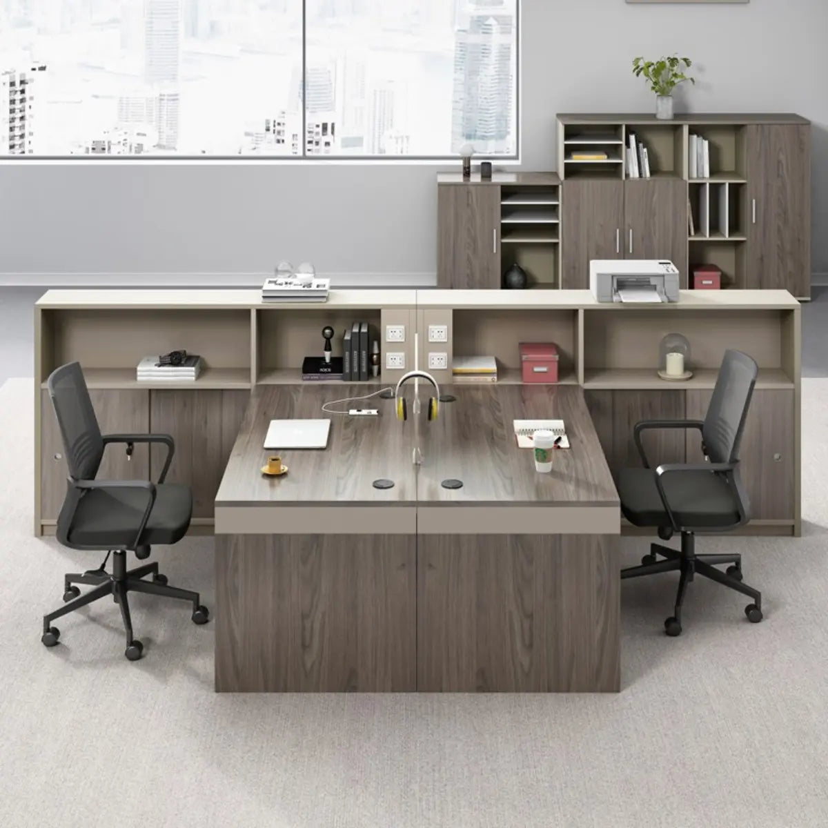 Modish L-Shape Wood Espresso Cabinet Office Furniture Set Image - 4