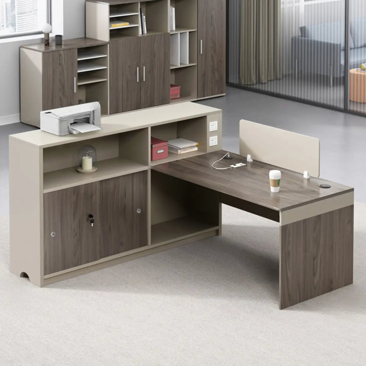 Modish L-Shape Wood Espresso Cabinet Office Furniture Set Image - 6