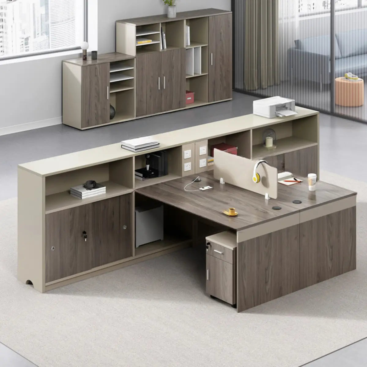 Modish L-Shape Wood Espresso Cabinet Office Furniture Set Image - 7