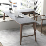 Modish Pine Wood Grey H-Base L-Shape Stone Writing Desk Image - 11