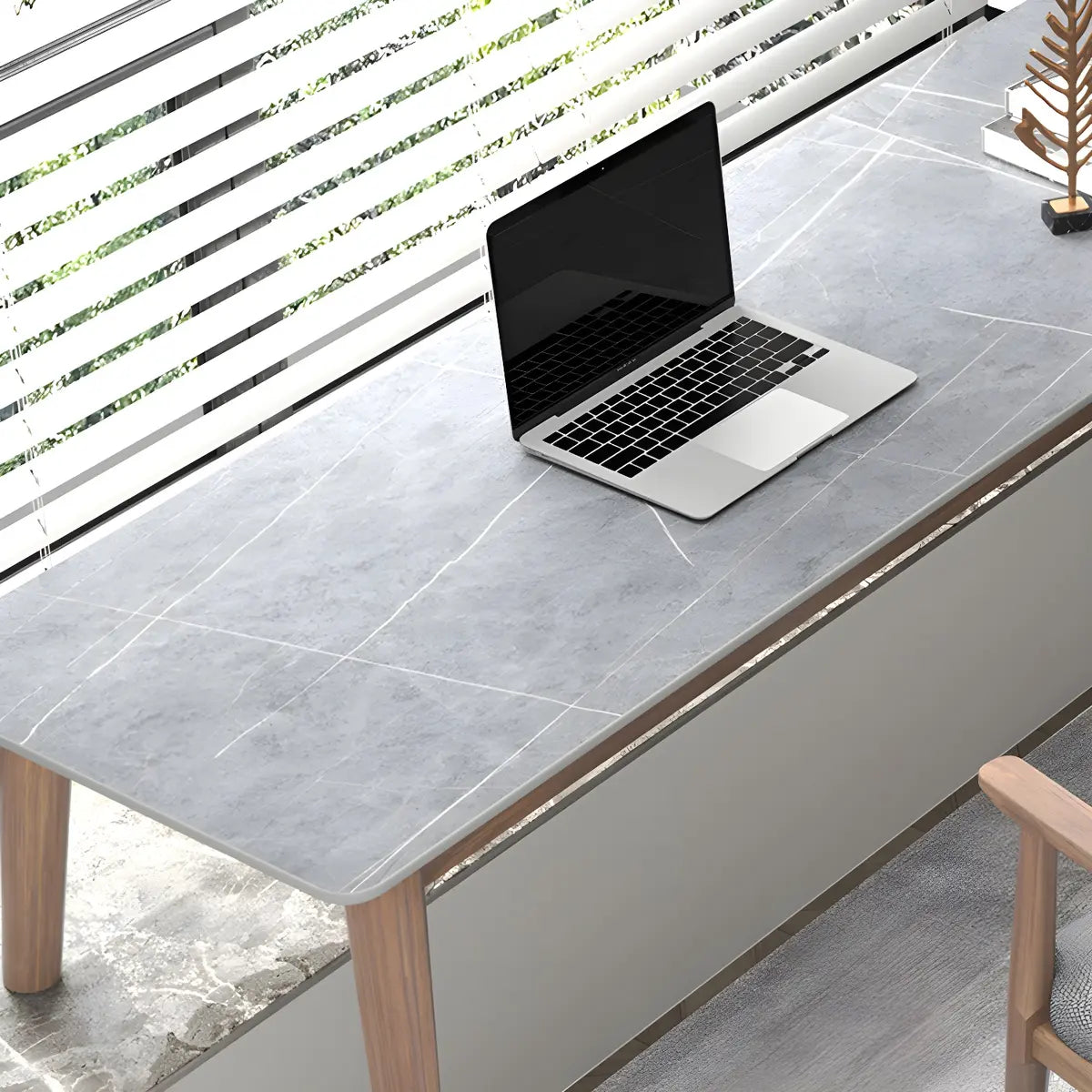 Modish Pine Wood Grey H-Base L-Shape Stone Writing Desk Image - 9