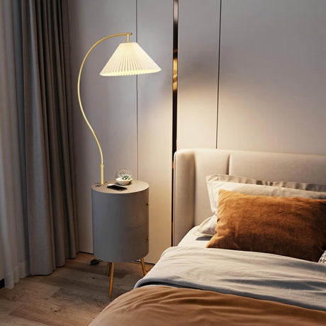 Modish Pleated Arc Bedroom Floor Lamp with Storage Image - 1