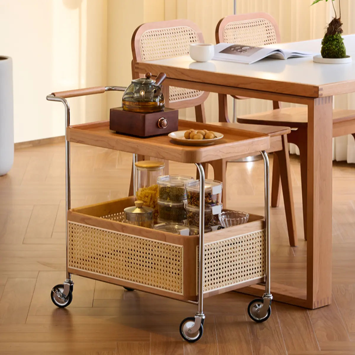 Modish Rectangular Brown Wood Bar Cart End Table with Wheels Image - 10