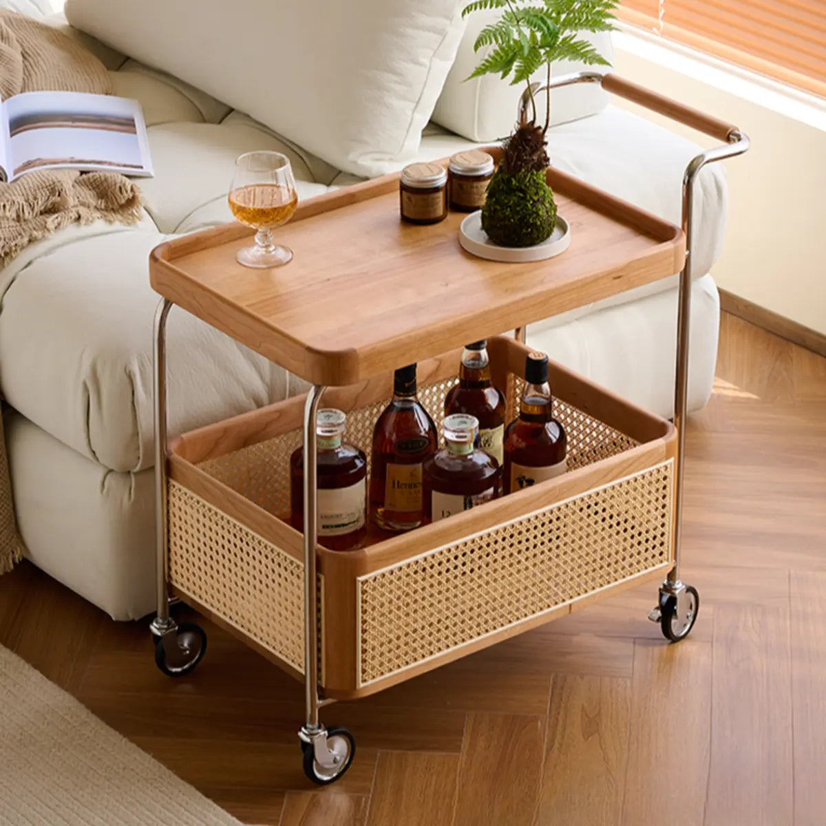 Modish Rectangular Brown Wood Bar Cart End Table with Wheels Image - 11