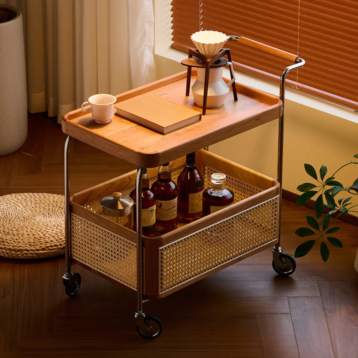 Modish Rectangular Brown Wood Bar Cart End Table with Wheels Image - 14