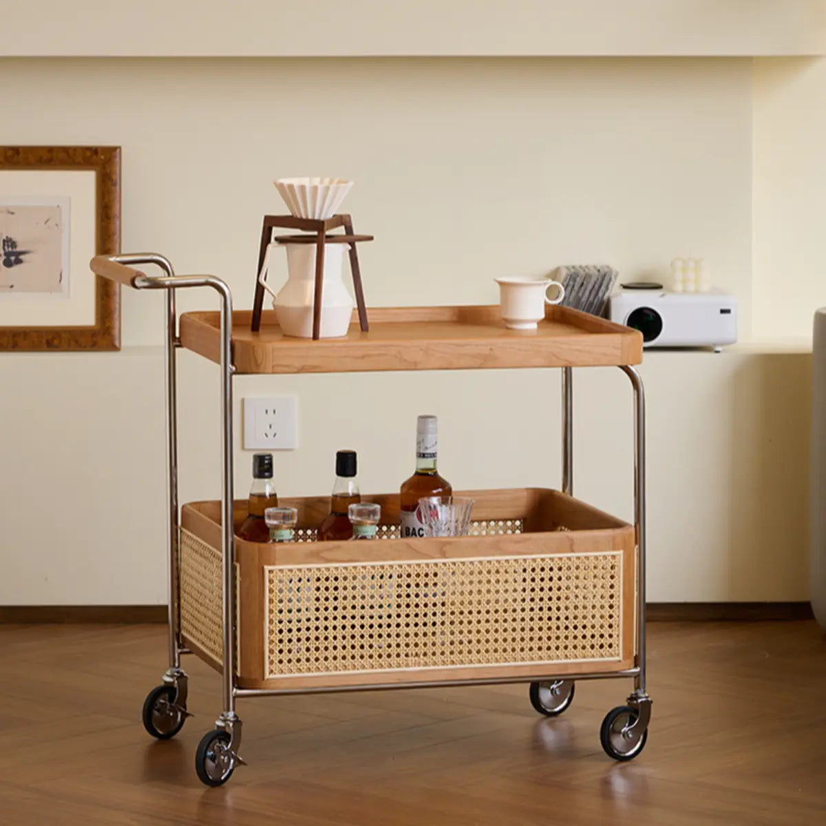 Modish Rectangular Brown Wood Bar Cart End Table with Wheels Image - 15