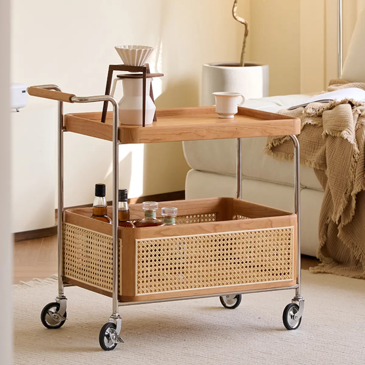 Modish Rectangular Brown Wood Bar Cart End Table with Wheels Image - 8