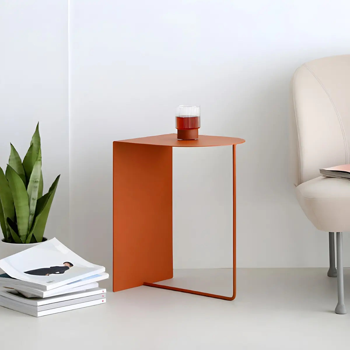 Modish Standard Curved Orange Metal Base Side Table Image - 8