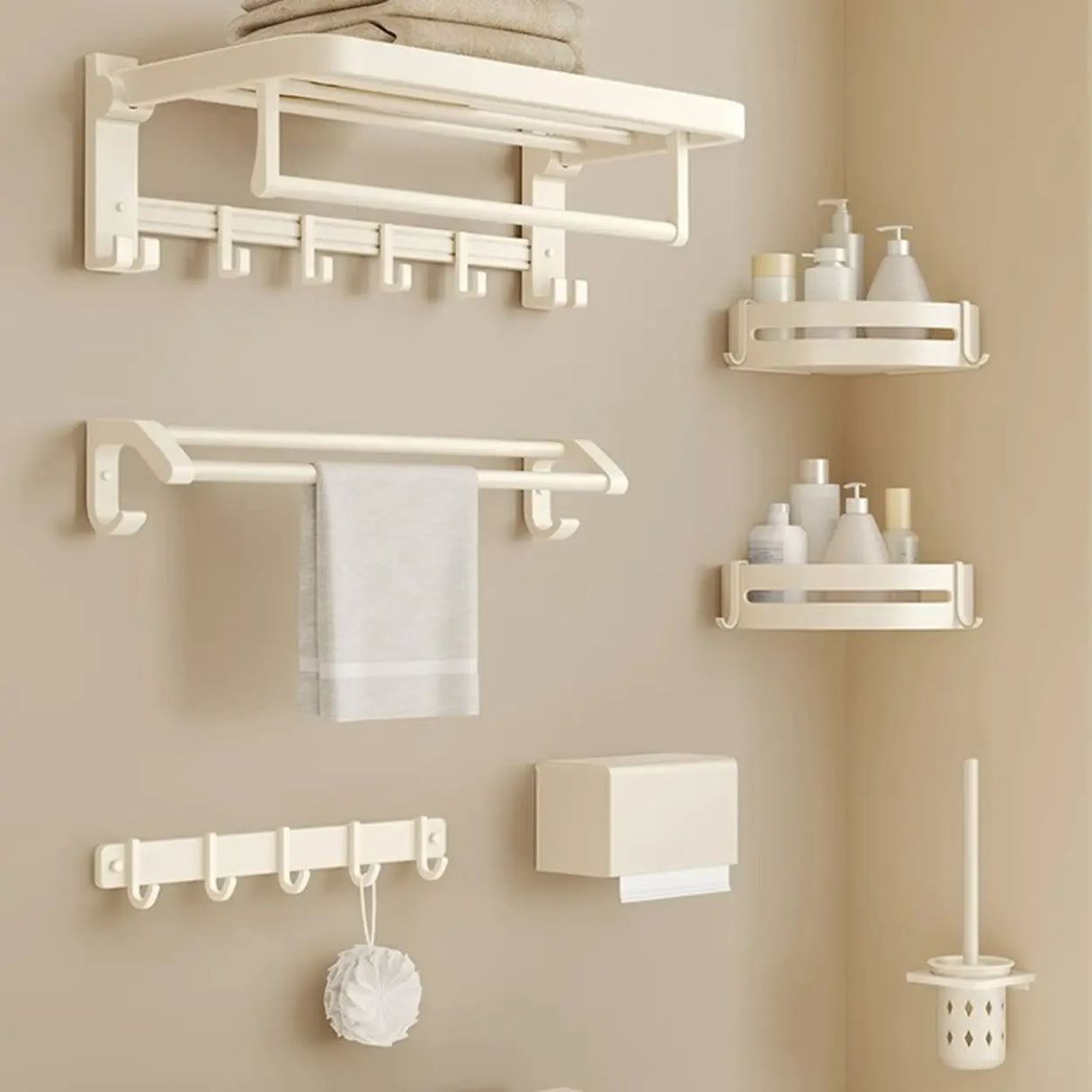 Modish White Bathroom Hardware Set with Storage Racks Image - 1