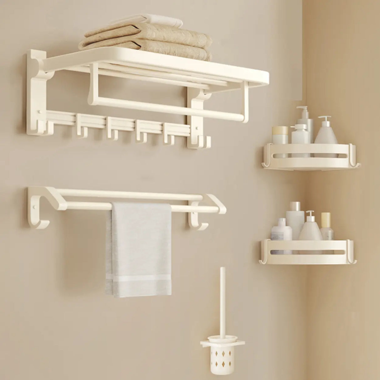 Modish White Bathroom Hardware Set with Storage Racks Image - 19