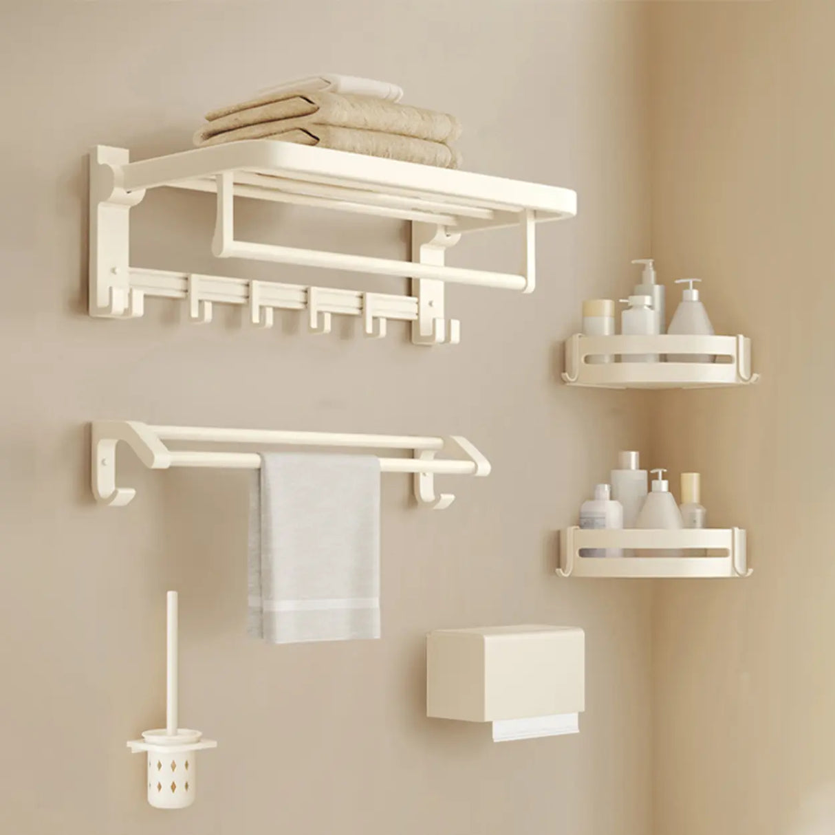 Modish White Bathroom Hardware Set with Storage Racks Image - 21