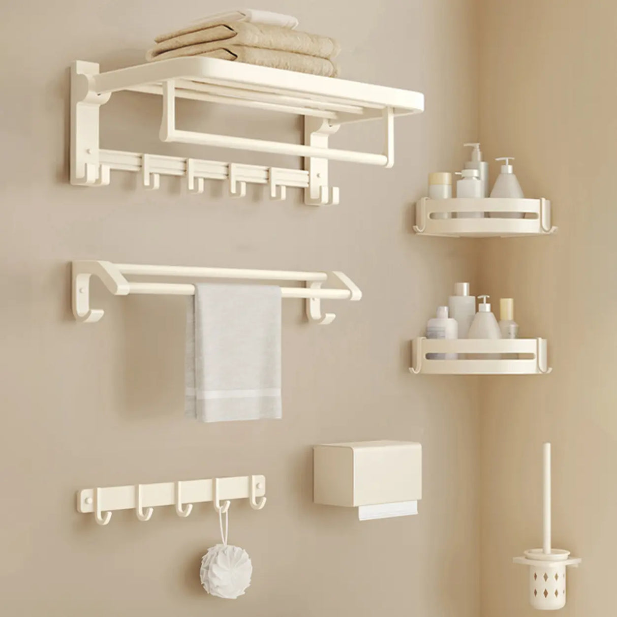 Modish White Bathroom Hardware Set with Storage Racks Image - 23